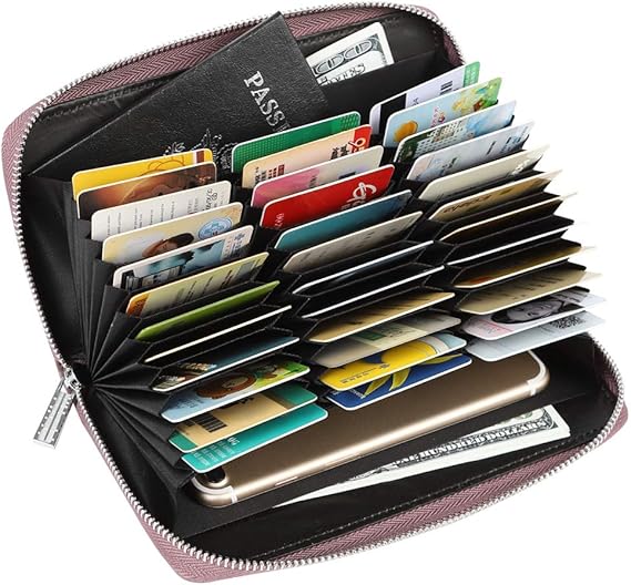 Women's RFID-Blocking Leather Card Holder Wallet with 36 Slots - Large Capacity Passport Money Safe Genuine Finest Stitching Solid Candy Color Smartphone Peace Of Mind Privacy