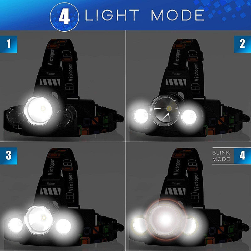 Rechargeable Headlight with 3 Lights 4 Modes, 6000 Lumen Super Bright LED Lamp, Hands-Free Flashlight Head Torch for Running, Camping, Fishing, Cycling, Hiking, Waterproof