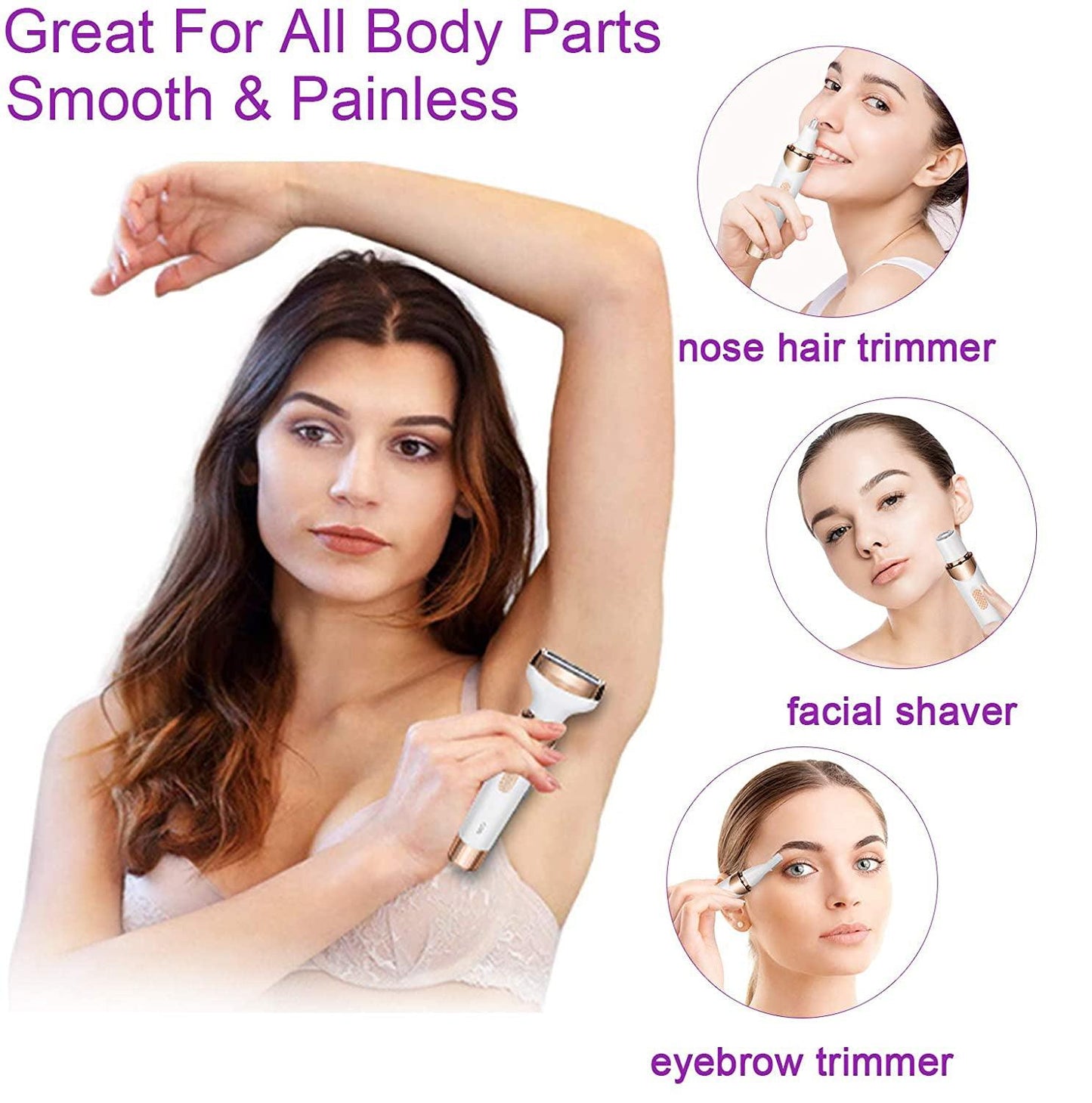 Electric Lady Shaver, Electric Razor for Women Shaving 4-in-1 Lady Shaver for Women Face Legs and Underarm Painless&Portable Bikini Trimmer Wet & Dry Hair Removal Wintory