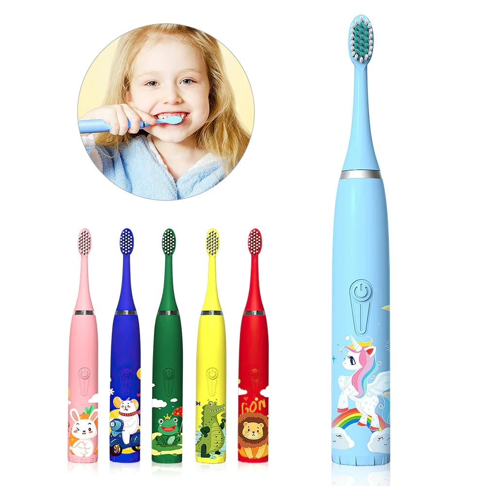 Rechargeable Toothbrush for Children, Sonic Toothbrush for Kids, Smart Electric Toothbrush for Boys Girls Age 3-12, 30s Reminder, 2 Mins Timer, 4 Modes, 6 Brush Heads, Cartoon Design, USB Charging Wintory
