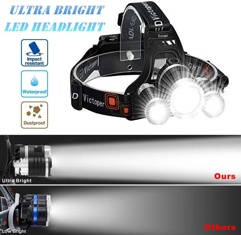 Rechargeable Headlight with 3 Lights 4 Modes, 6000 Lumen Super Bright LED Lamp, Hands-Free Flashlight Head Torch for Running, Camping, Fishing, Cycling, Hiking, Waterproof