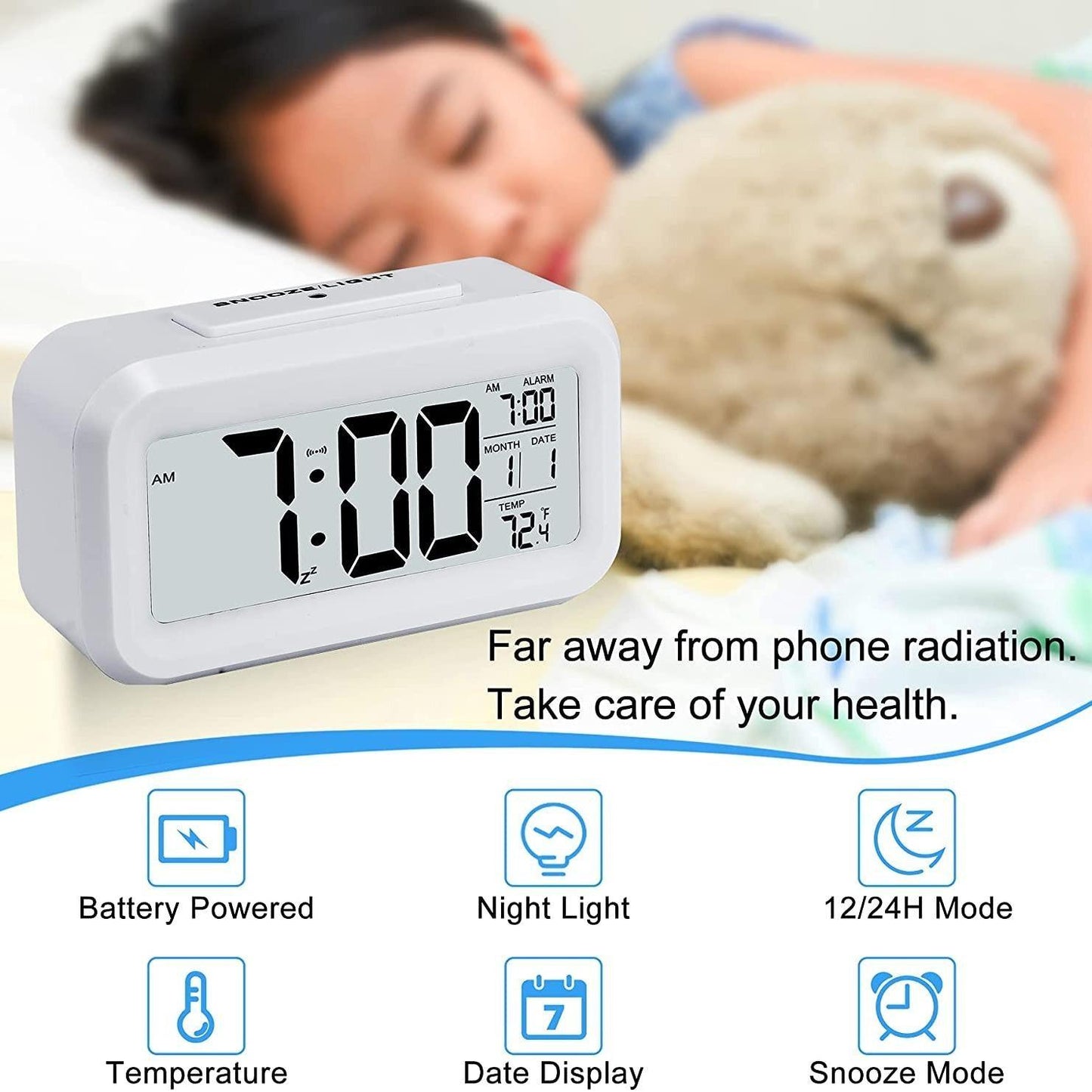 Digital Alarm Clock Big LED Display Bedside Clock 12/24Hr Snooze Night Light,Battery Clock with Date Calendar Temperature for Bedroom Home Office Wintory