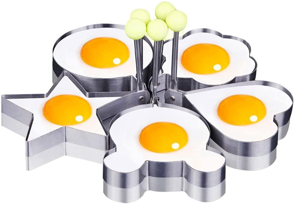5pc Non-Stick Stainless Steel Egg Rings - Different Shapes with Anti-Scald Handles - Great for Frying and Shaping - Ideal for Breakfast English Muffins, Pancakes, Sandwiches Wintory