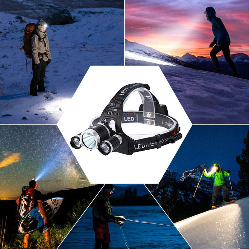 Rechargeable Headlight with 3 Lights 4 Modes, 6000 Lumen Super Bright LED Lamp, Hands-Free Flashlight Head Torch for Running, Camping, Fishing, Cycling, Hiking, Waterproof