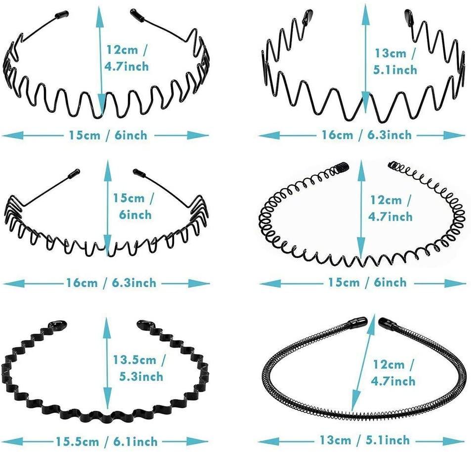 6 Pieces Elastic Wavy Spring Wave Hair Band, Multi-Style Black Non-slip Metal Hair Hoop, Unisex Sport Fashion Hair Band Accessories for Women and Men Wintory