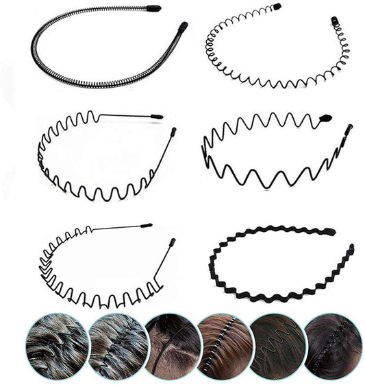 6 Pieces Elastic Wavy Spring Wave Hair Band, Multi-Style Black Non-slip Metal Hair Hoop, Unisex Sport Fashion Hair Band Accessories for Women and Men Wintory