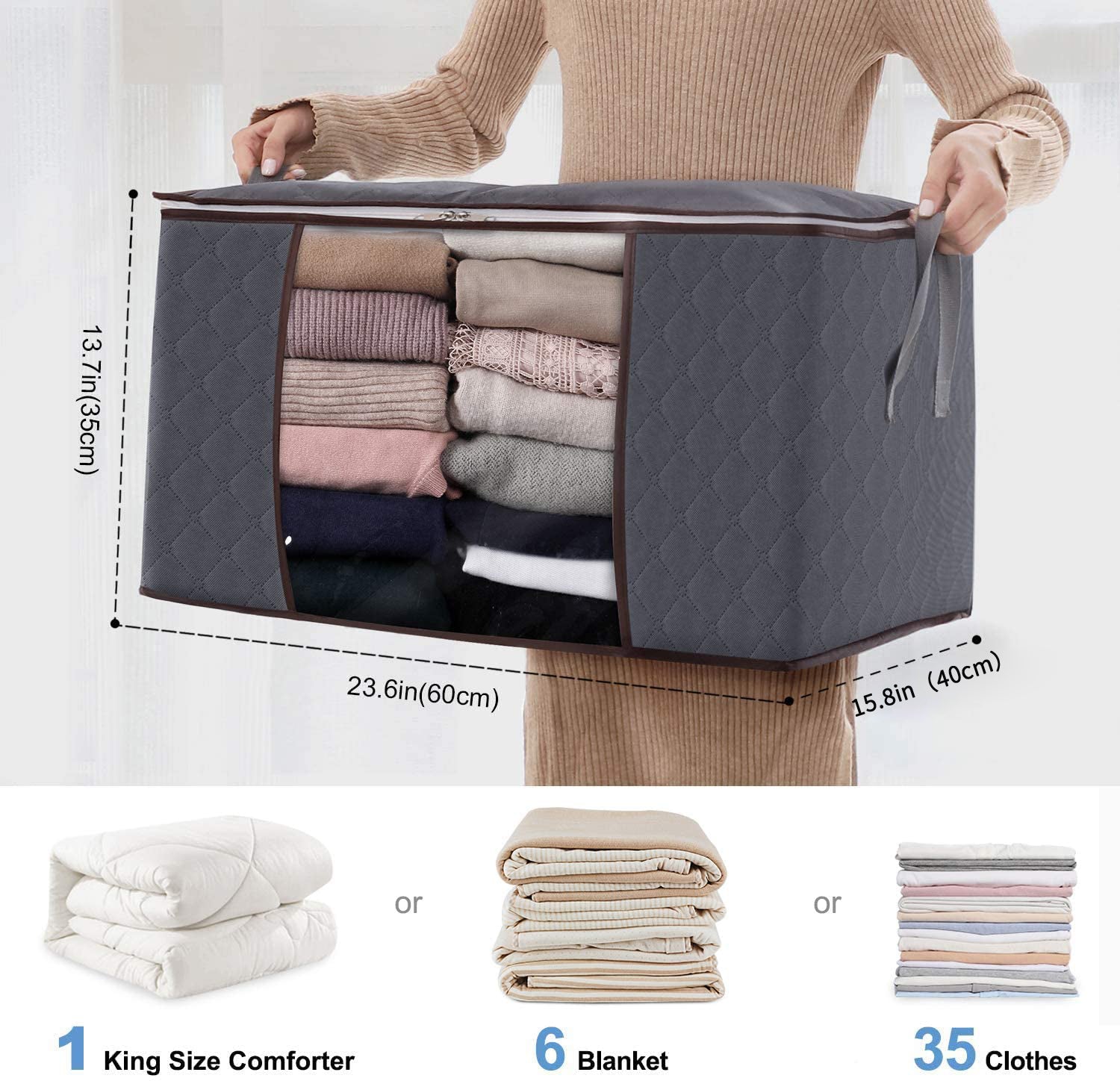 Large Capacity Clothes Storage Bag Organizer with Reinforced Handle Thick Fabric for Comforters, Blankets, Bedding, Foldable with Sturdy Zipper, Clear Window, 1 Pack, Grey Wintory