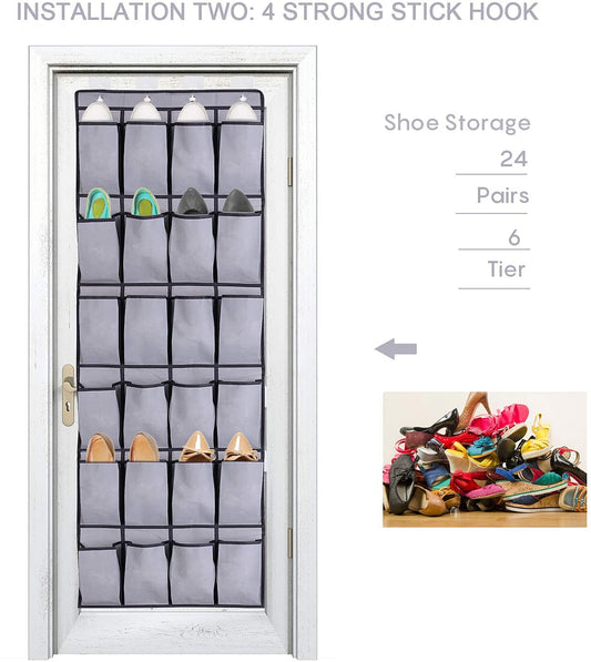 Over the Door Shoe Organiser 24 Pockets Hanging Shoe Holder with 4 Metal Hooks (Gray) Wintory