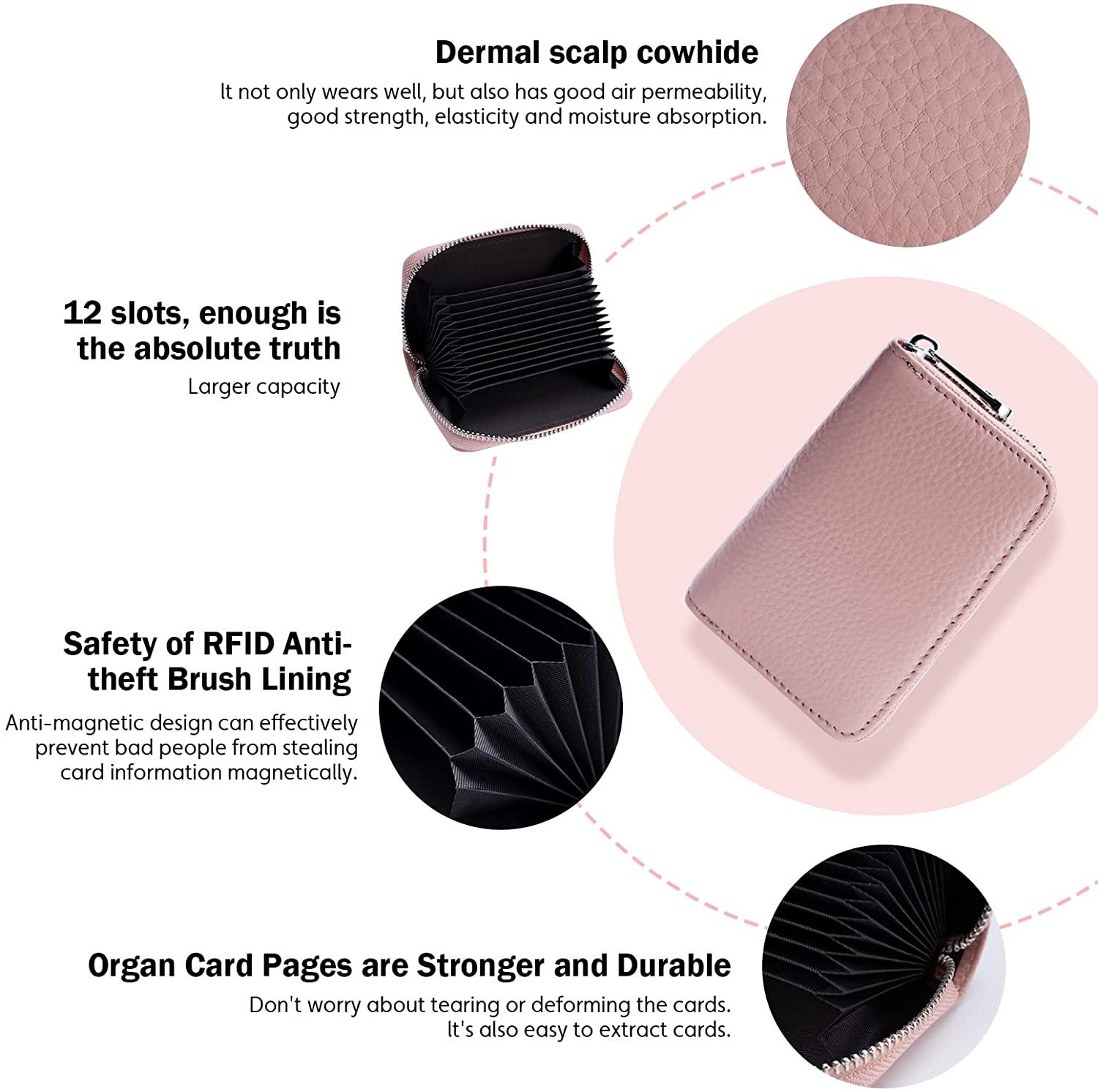 Credit Card Holder RFID Blocking Genuine Leather Mini Credit Card Wallet Purse with Zipper Womens Small id Compact Slim Blocked Zip Accordion Wallets Case for Women Men's Wintory