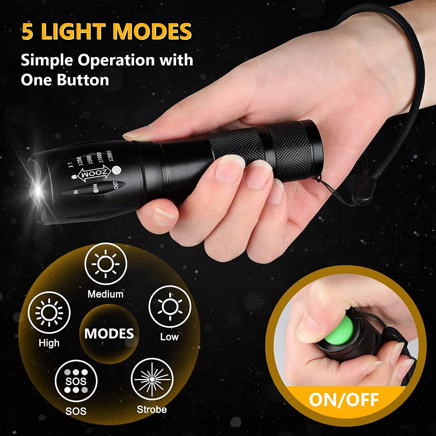 LED Torch 1 Pack, 2000LM LED Flashlight Adjustable, 5 Modes Focus , Waterproof Powerful Pocket Torch for Camping, Hiking, Walking, Outdoor, Emergency Wintory