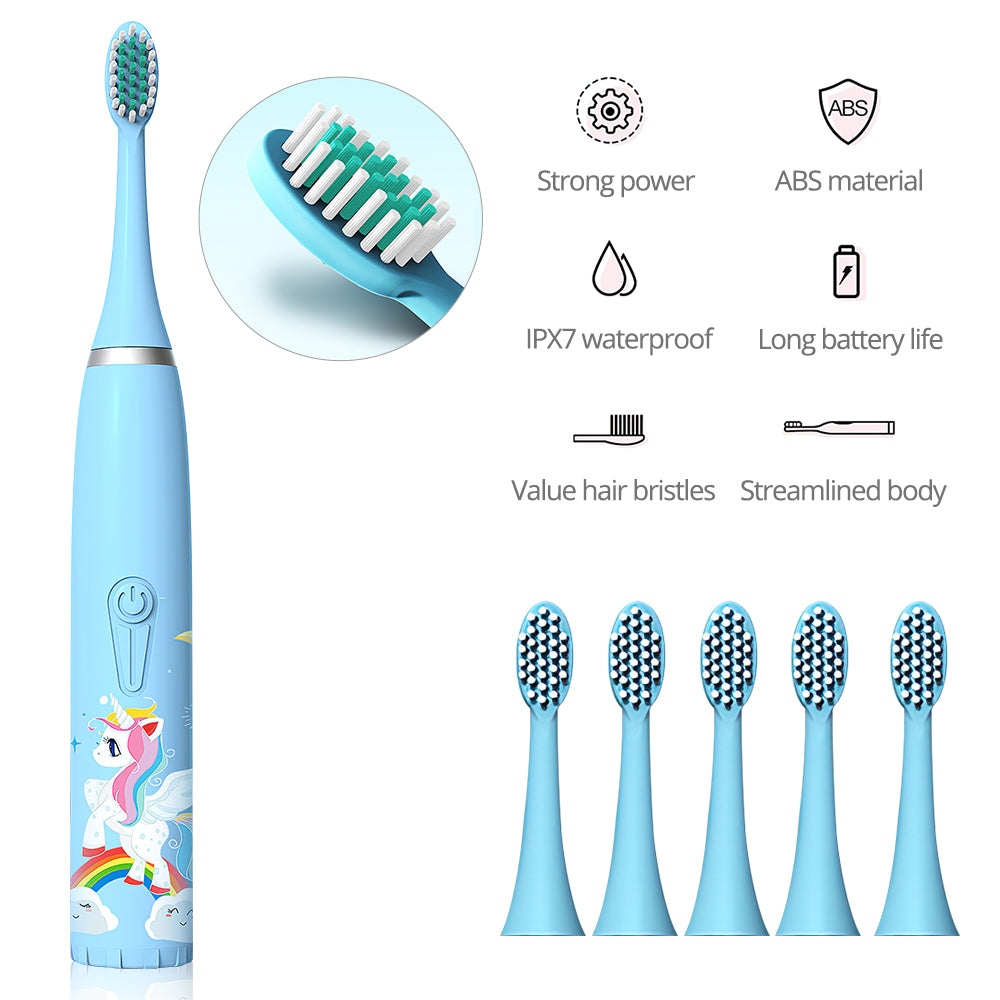 Rechargeable Toothbrush for Children, Sonic Toothbrush for Kids, Smart Electric Toothbrush for Boys Girls Age 3-12, 30s Reminder, 2 Mins Timer, 4 Modes, 6 Brush Heads, Cartoon Design, USB Charging Wintory
