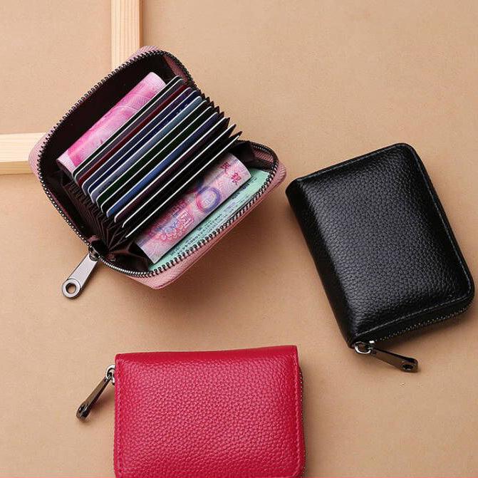 Credit Card Holder RFID Blocking Genuine Leather Mini Credit Card Wallet Purse with Zipper Womens Small id Compact Slim Blocked Zip Accordion Wallets Case for Women Men's Wintory